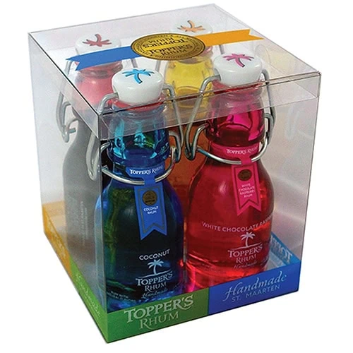 Clear Cube Plastic Packaging Containing 4 Bottles of Topper’s Rhum, Made by Printex Transparent Packaging Clear Cube Plastic Packaging Containing 4 Bottles of Topper’s Rhum, Made by Printex Transparent Packaging